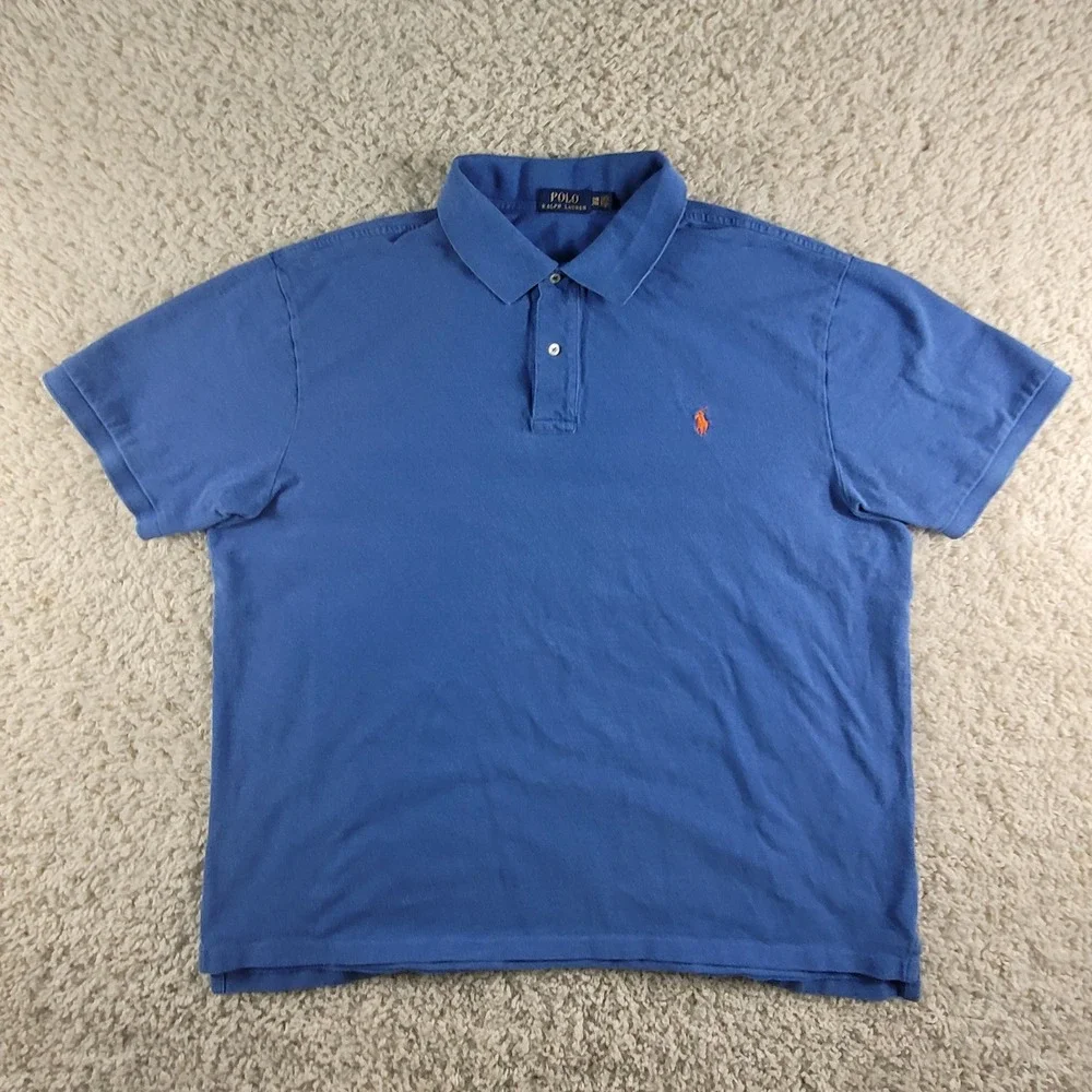 Polo Ralph Lauren Polo Shirt Men's 2XB Blue Short Sleeve Orange Pony Logo Cotton